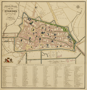 216033 Plattegrond van de stad Utrecht met directe omgeving; met weergave van het stratenplan met bebouwingsblokken en ...